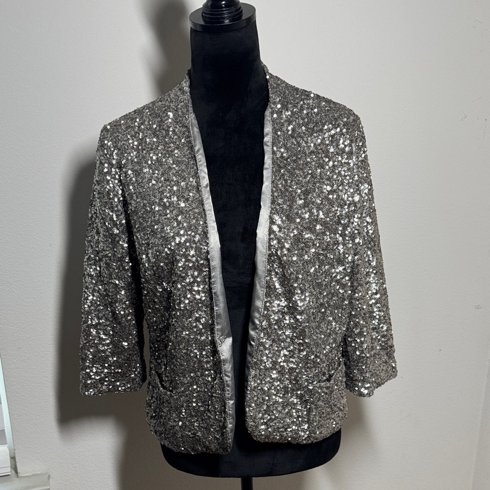 Apt 9 Silver Sequin Women's Jacket open blazer 3/4 sleeves Sz M